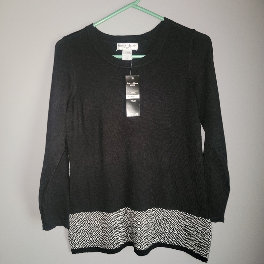Rebecca Malone Petites Black Scoop Knit Long Sleeve Pullover Sweater PS